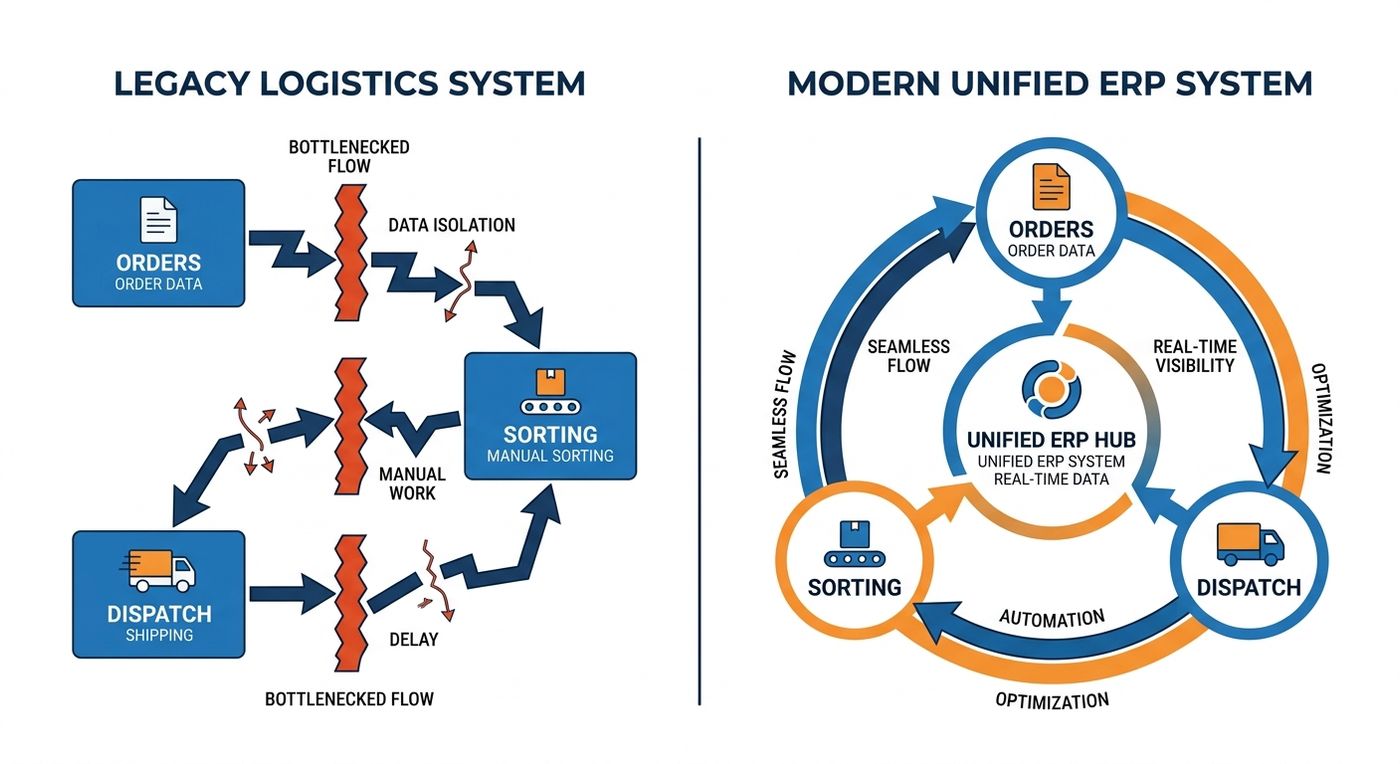 A technical diagram comparing disconnected legacy logistics workflows with a unified, automated ERP dispatch system.