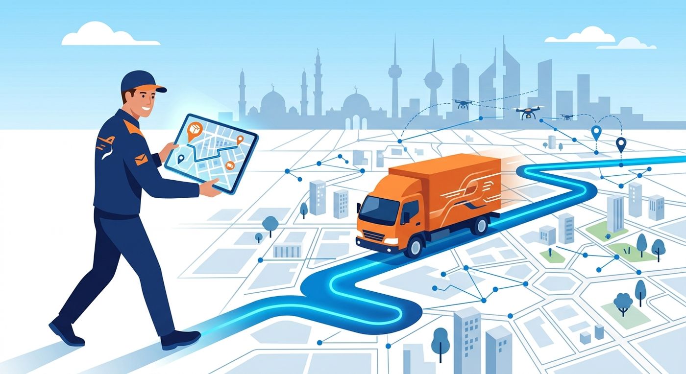 A flat vector illustration of an optimized delivery route and a courier in a modern Middle Eastern city setting.