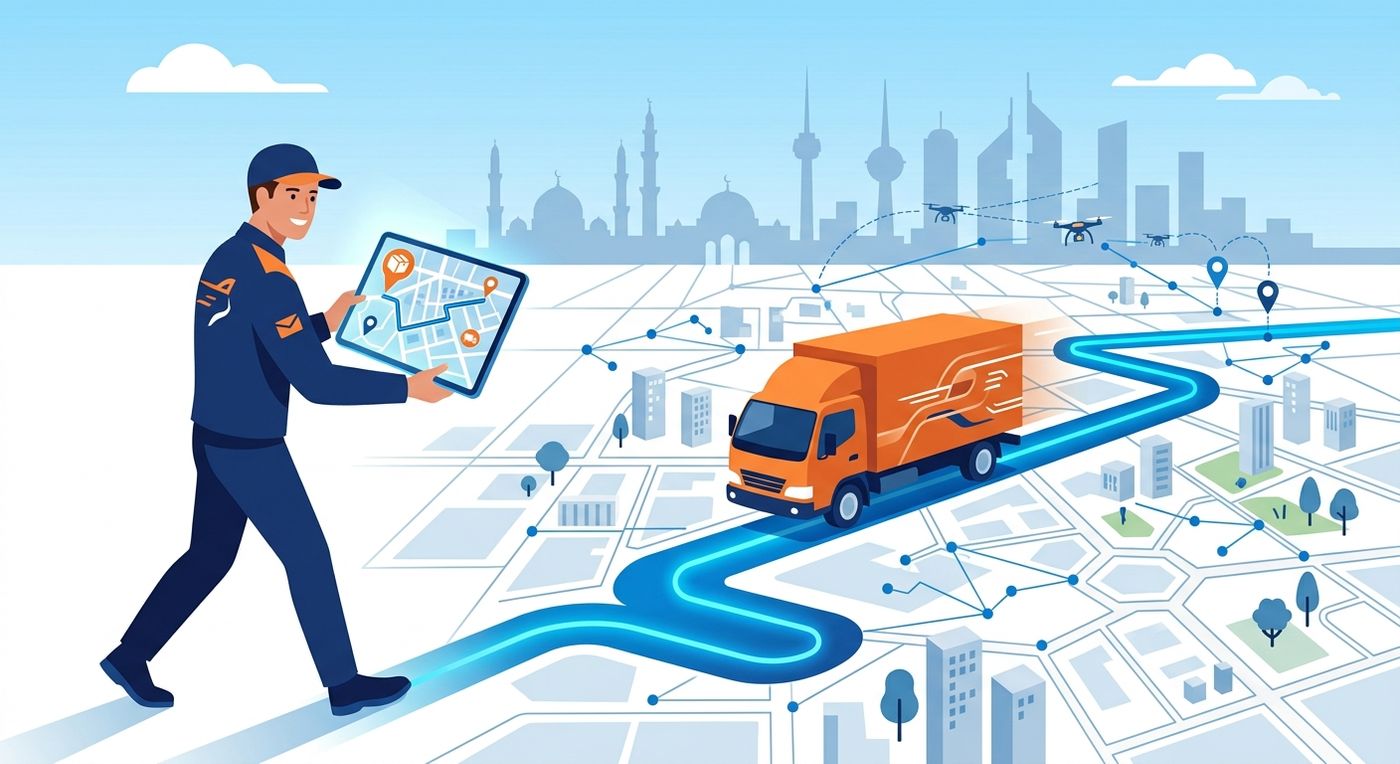 A flat vector illustration of an optimized delivery route and a courier in a modern Middle Eastern city setting.