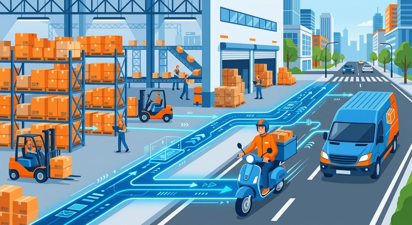 A flat vector illustration showing the seamless connection between warehouse inventory and last-mile courier dispatch.