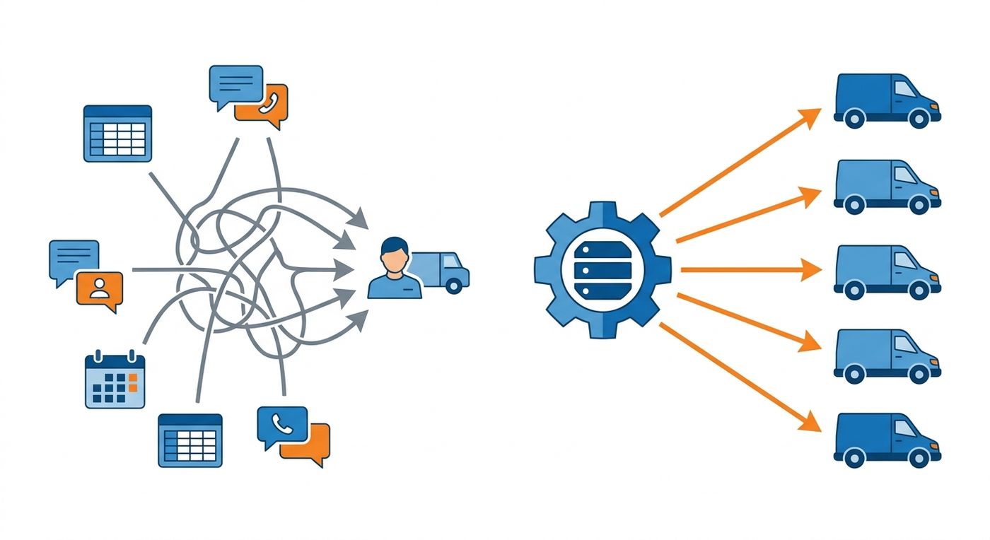 A technical flowchart diagram comparing chaotic manual dispatching using chat apps to streamlined automated dispatching with a centralized ERP system.