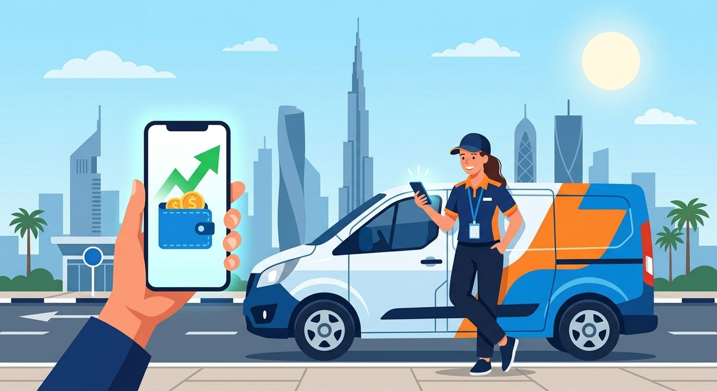 Flat vector illustration of a satisfied delivery driver in Dubai holding a smartphone showing a digital wallet payout.