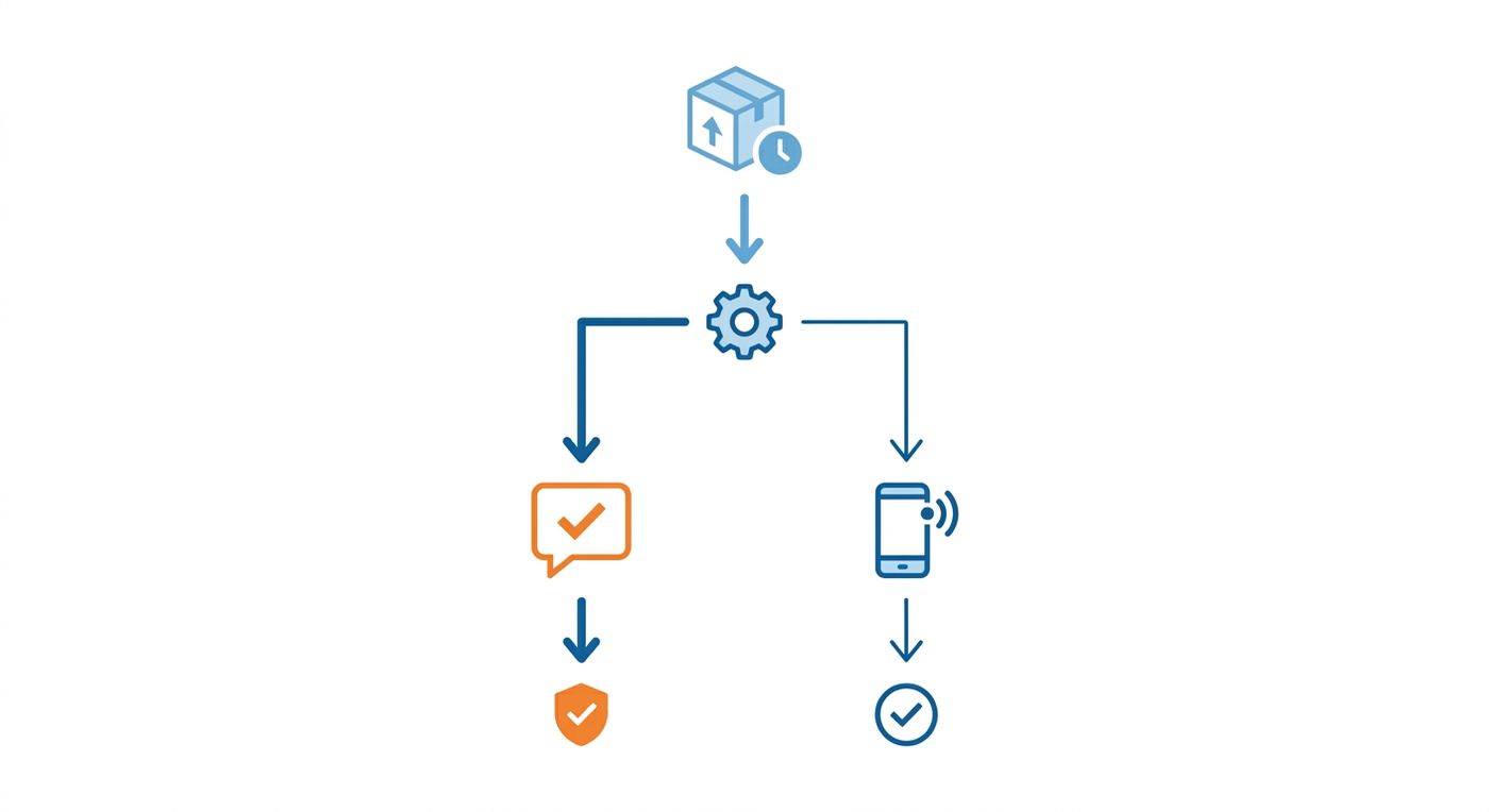 A technical diagram showing a hybrid delivery notification workflow routing updates through WhatsApp first and local SMS gateways second to reduce courier operational costs.
