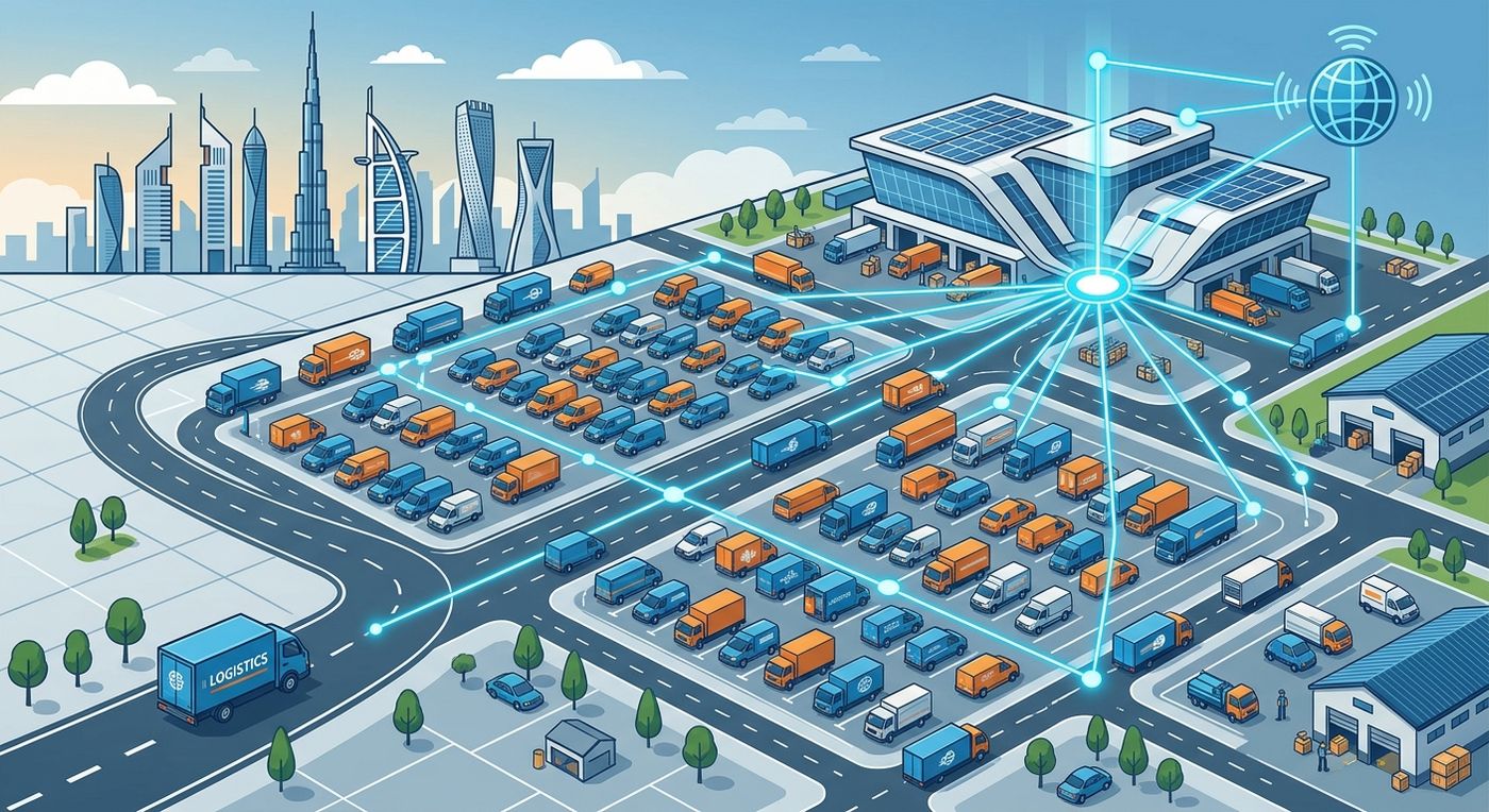 Flat vector illustration showing a logistics fleet scaling seamlessly with enterprise ERP software.