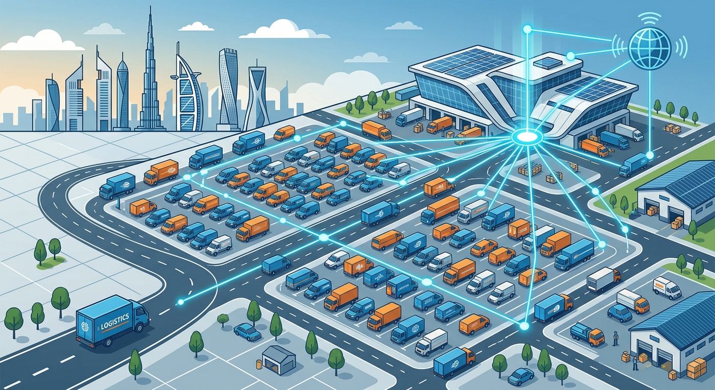 Flat vector illustration showing a logistics fleet scaling seamlessly with enterprise ERP software.