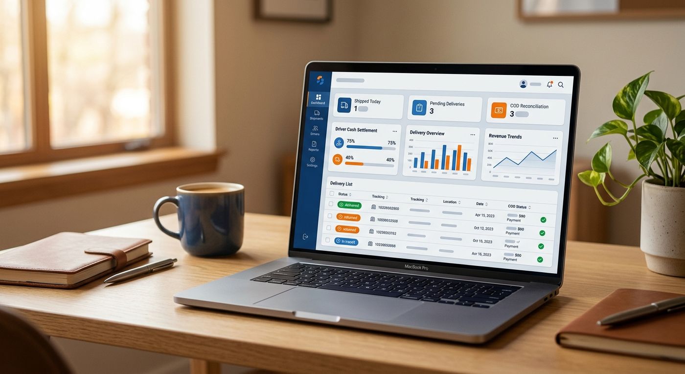A modern SaaS dashboard interface on a laptop showing COD reconciliation metrics and driver cash settlement statuses in Shiprex.