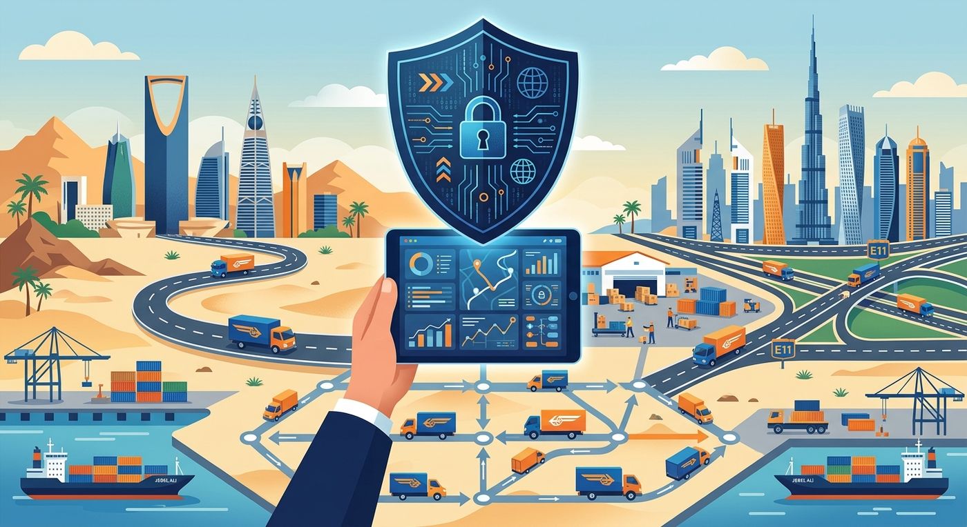 رسوم توضيحية مسطحة لشبكة لوجستية حديثة تربط بين مدن الشرق الأوسط وشمال أفريقيا، تمثل عمليات الشحن متعددة الفروع وتحكم التجار.