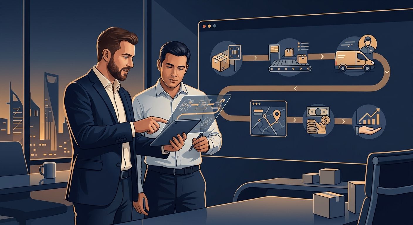 Founder reviewing a digital shipping workflow from order capture and driver assignment to COD settlement.