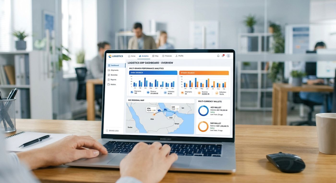 A product showcase of the Shiprex multi-branch dashboard displaying GCC shipping operations and multi-currency metrics.