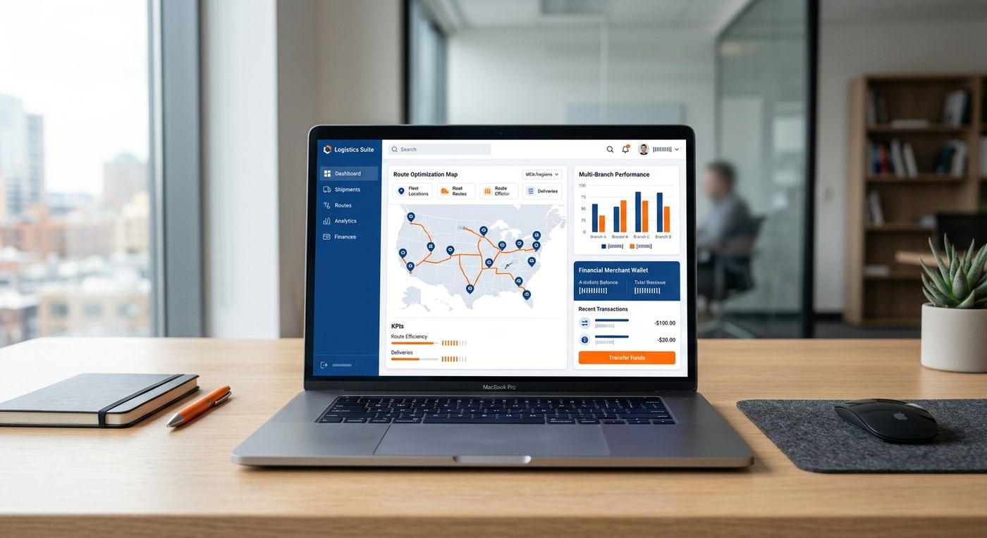 A modern SaaS dashboard showcase on a laptop screen displaying multi-branch logistics operations and merchant wallet analytics.