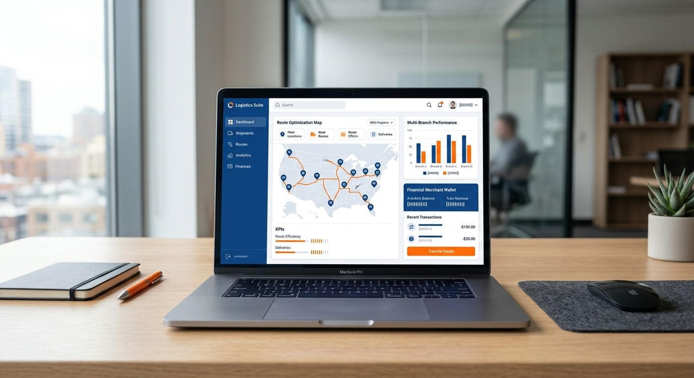 A modern SaaS dashboard showcase on a laptop screen displaying multi-branch logistics operations and merchant wallet analytics.