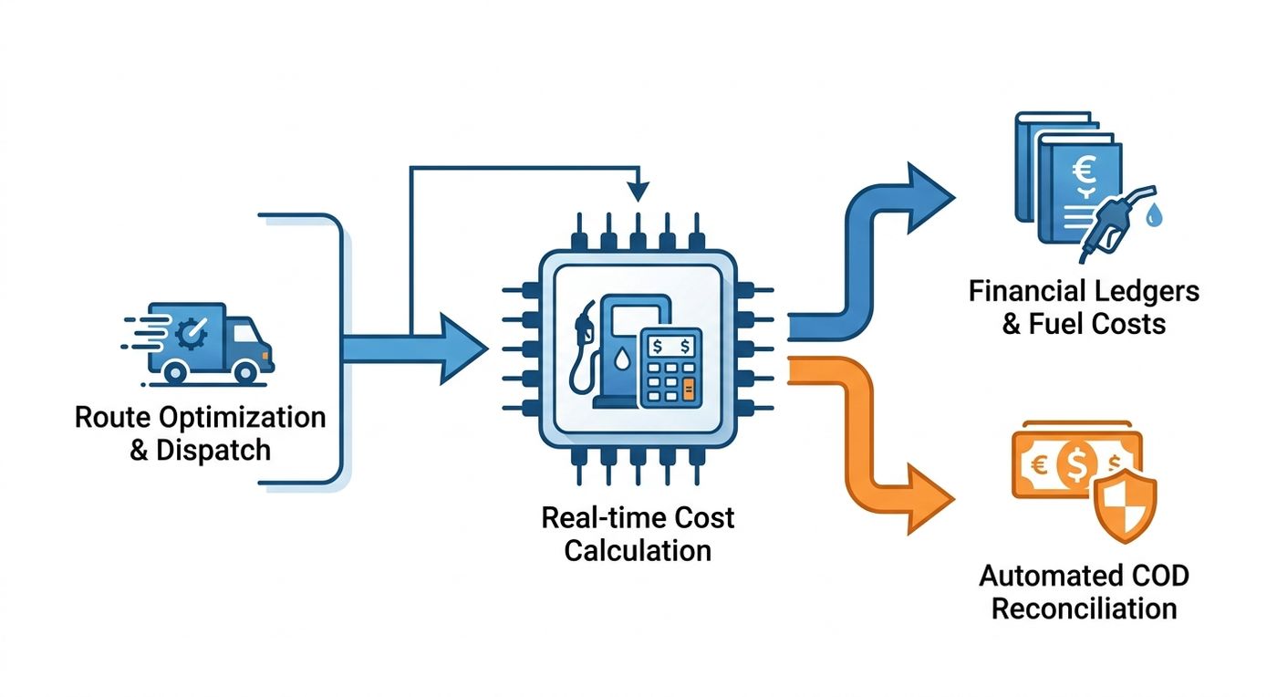 A technical diagram showing the seamless integration between route optimization and financial accounting in a shipping ERP software in Egypt.