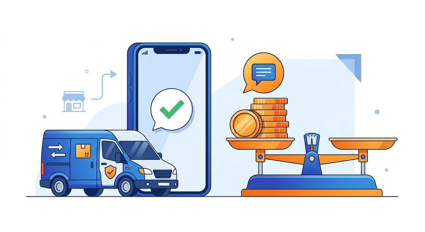 An editorial illustration showing a balance scale balancing delivery communication efficiency and cost savings on a clean background.