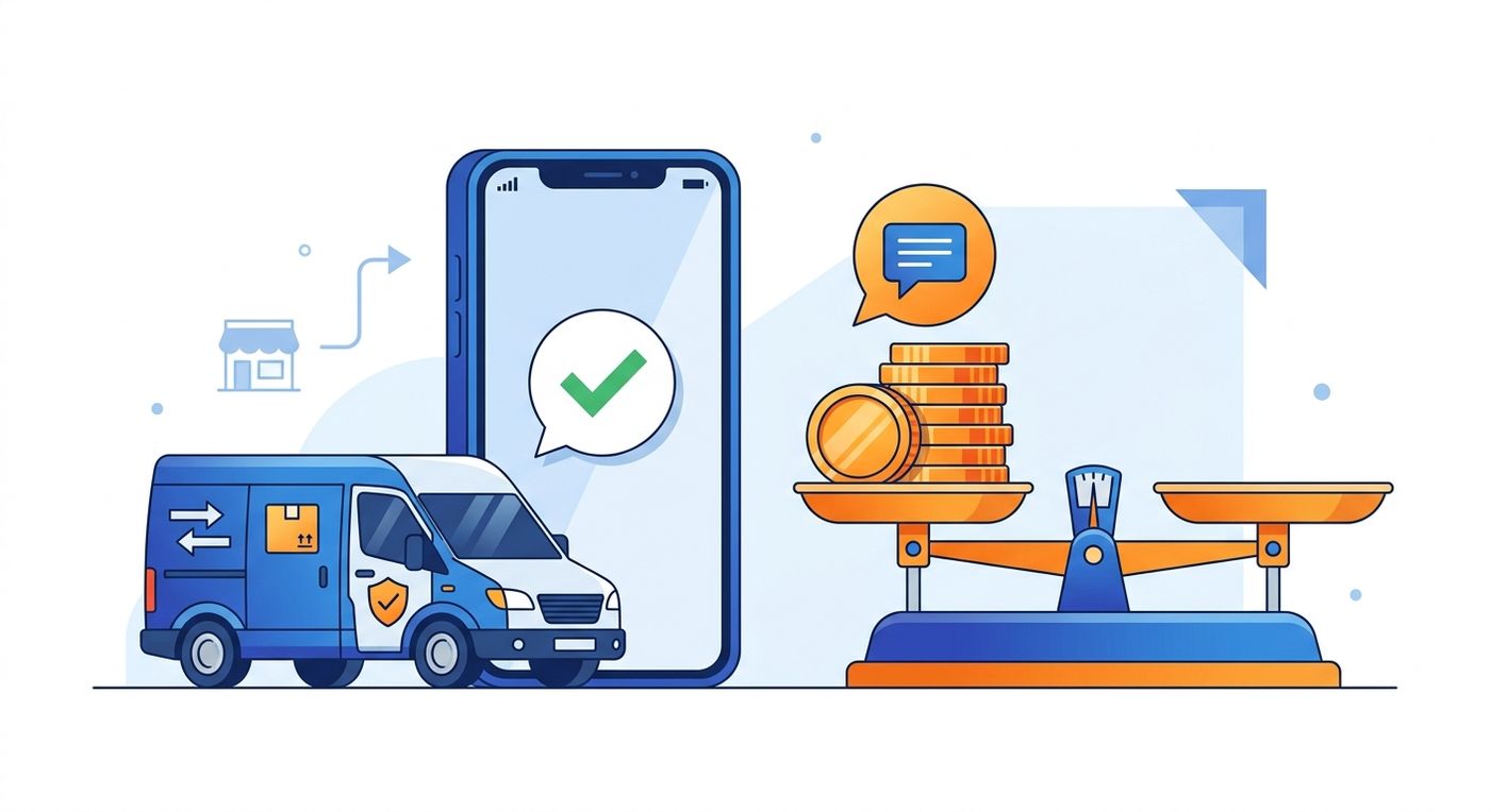 An editorial illustration showing a balance scale balancing delivery communication efficiency and cost savings on a clean background.