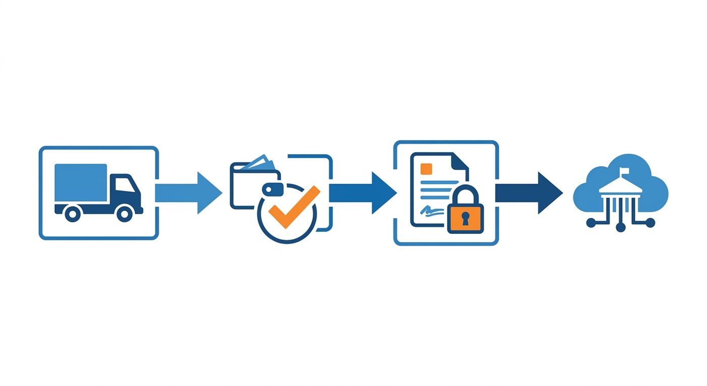 Technical diagram illustrating the automated logistics workflow from delivery and COD reconciliation to ZATCA e-invoicing integration.