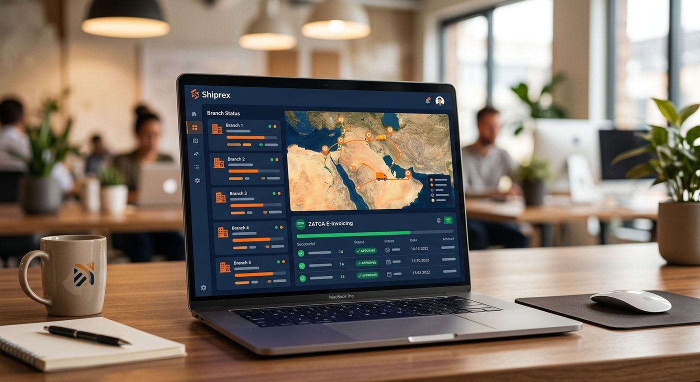 Modern SaaS dashboard mockup on a laptop showing multi-branch logistics management and real-time ZATCA compliance status.