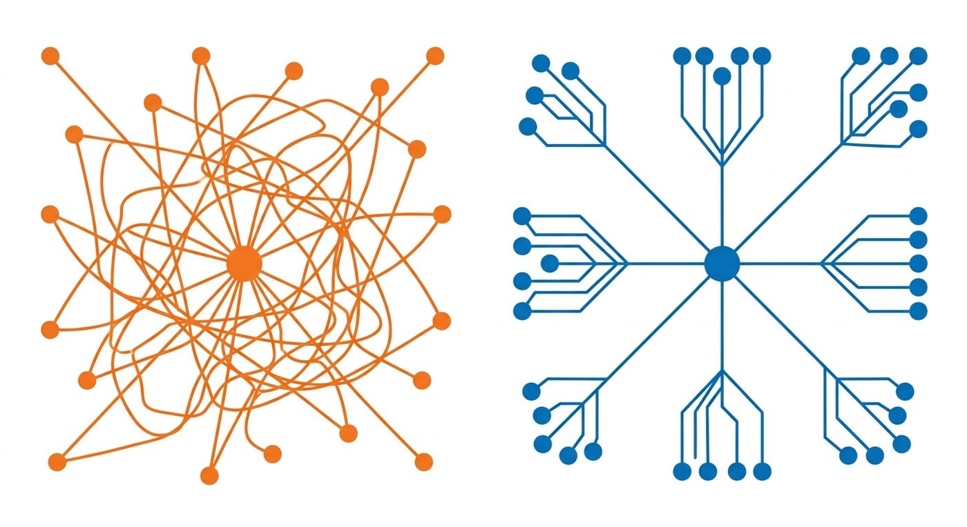 A technical diagram comparing the chaotic, tangled routes of manual dispatching against the clean, optimized routes of automated dispatching.