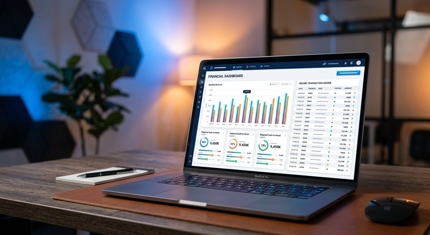 A modern logistics ERP dashboard displayed on a laptop, showcasing multi-branch financial tracking, courier cash-in-hand metrics, and automated settlement modules.