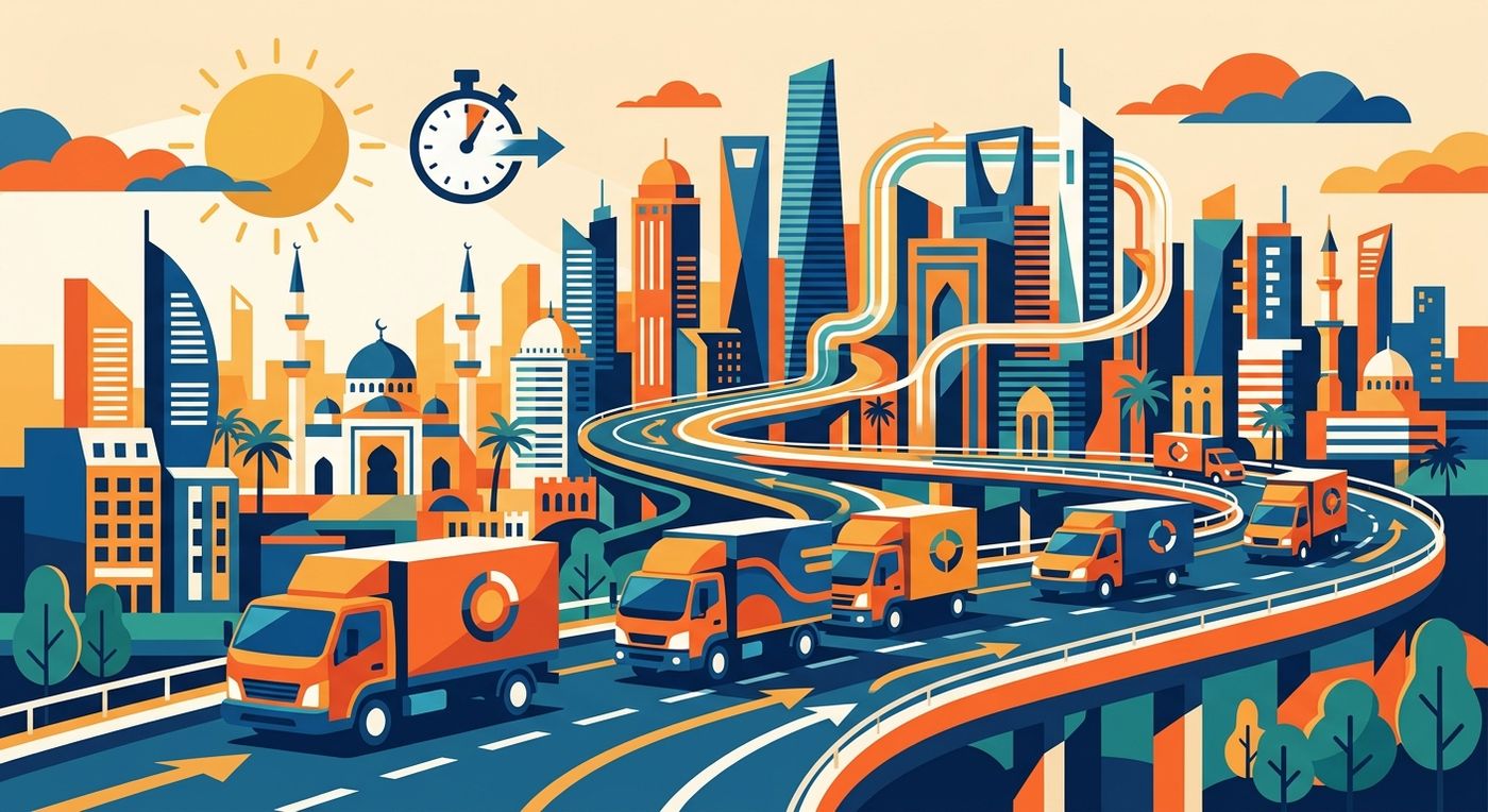 A flat editorial illustration of a delivery fleet moving efficiently through a modern MENA city, representing fast morning dispatch and optimized logistics.