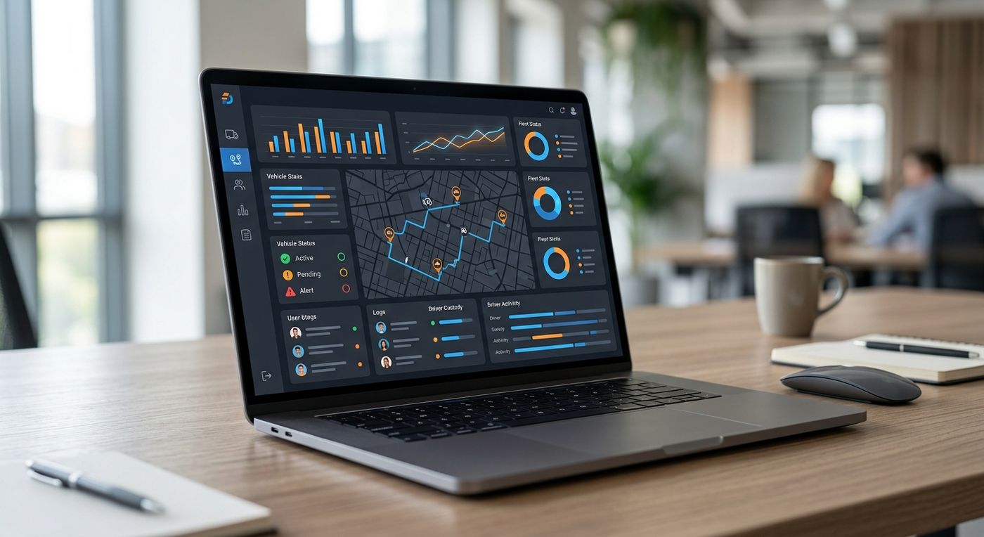 A modern laptop displaying the Shiprex fleet management dashboard, featuring stylized route maps, vehicle status charts, and driver custody tracking.