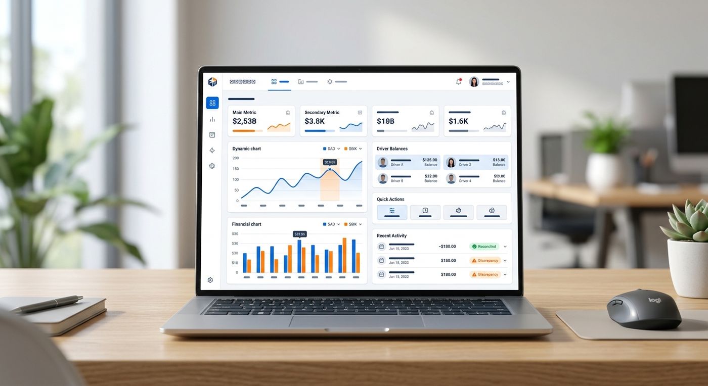 نموذج واجهة مستخدم للوحة تحكم سحابية تعرض شاشة تسوية الدفع عند الاستلام لنظام ERP للشحن مع أرصدة السائقين وحالات المعاملات.