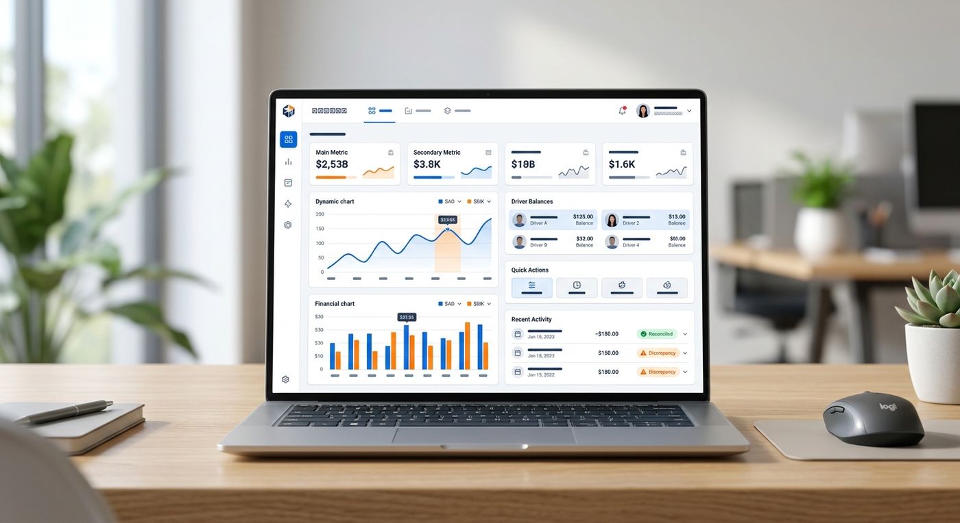 نموذج واجهة مستخدم للوحة تحكم سحابية تعرض شاشة تسوية الدفع عند الاستلام لنظام ERP للشحن مع أرصدة السائقين وحالات المعاملات.