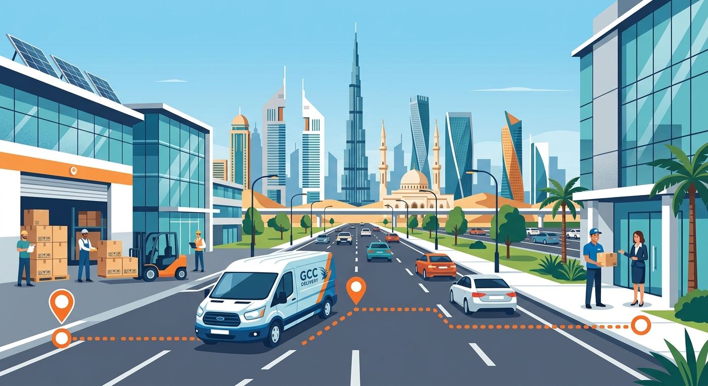 A flat vector illustration of a delivery van driving from a smart warehouse to a city destination in the GCC region.