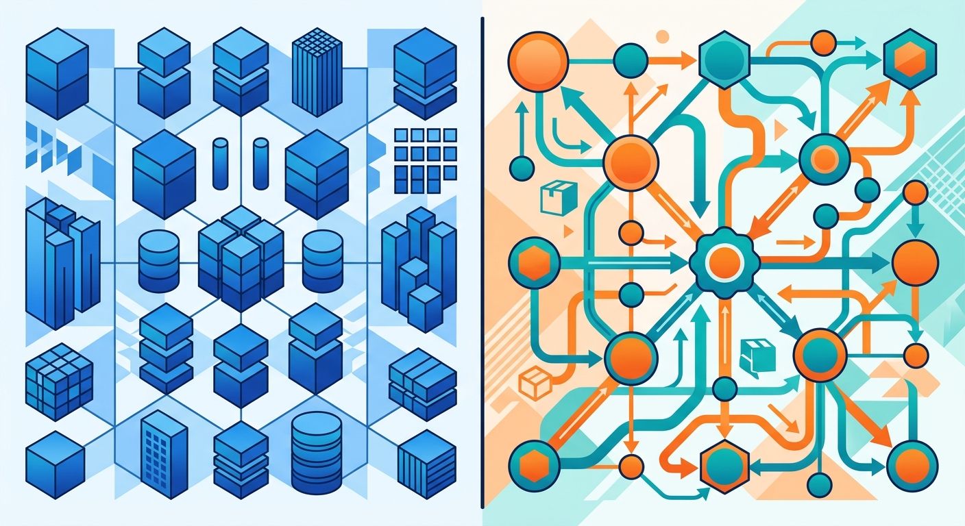 Editorial illustration comparing a rigid generic ERP database with a dynamic dedicated logistics network.