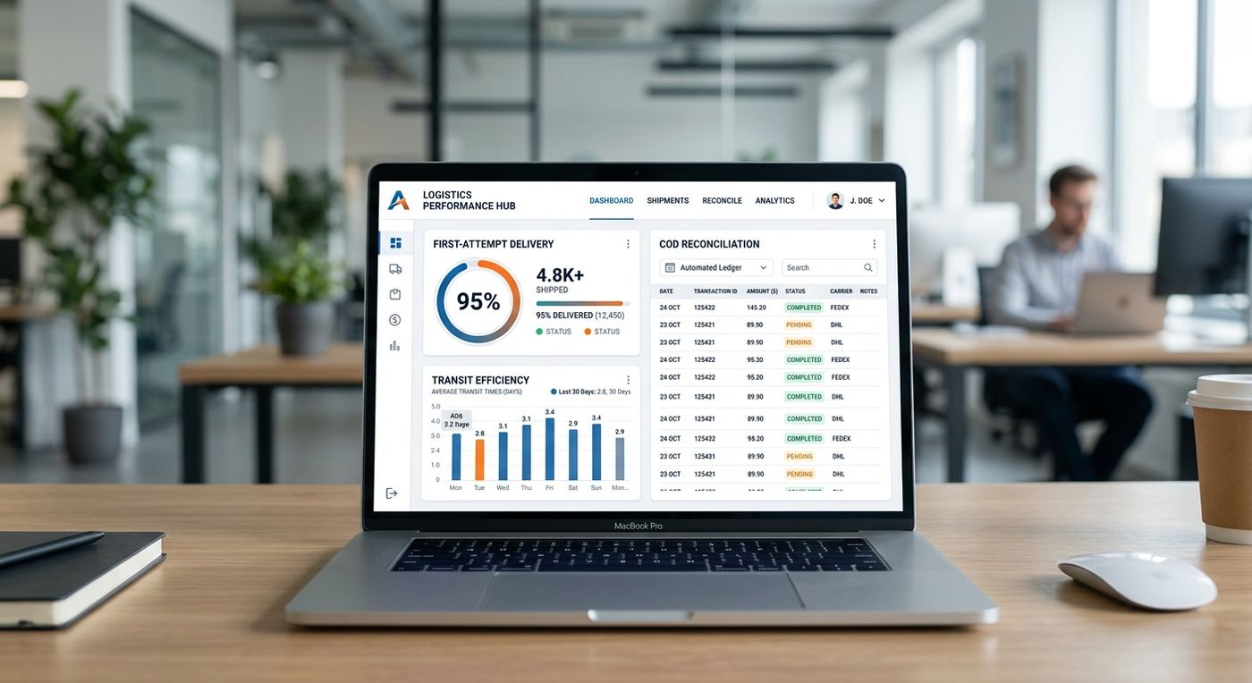 A professional logistics ERP dashboard mockup on a laptop screen, displaying performance metrics like delivery rates and transit times in a blue and orange color scheme.
