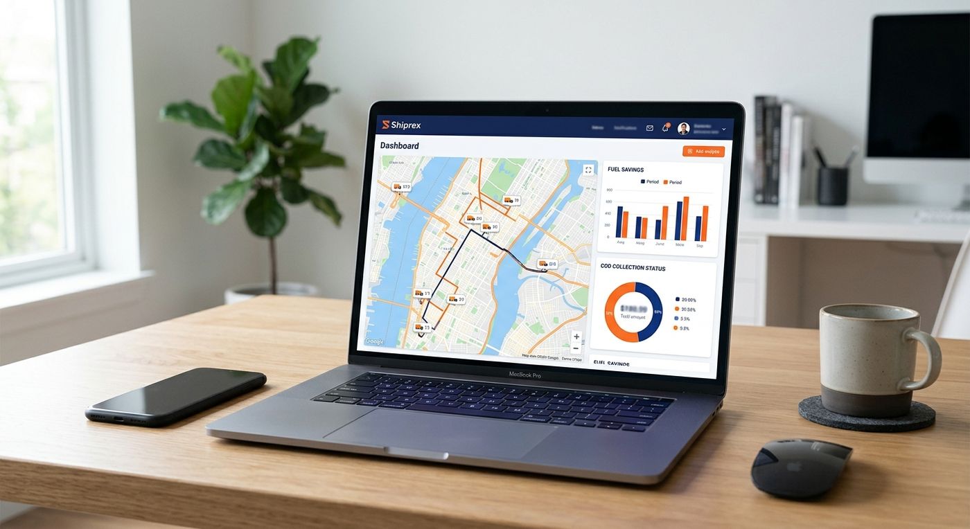 Shiprex shipping management system dashboard displayed on a laptop, showing route optimization and logistics analytics for Egyptian shipping companies.