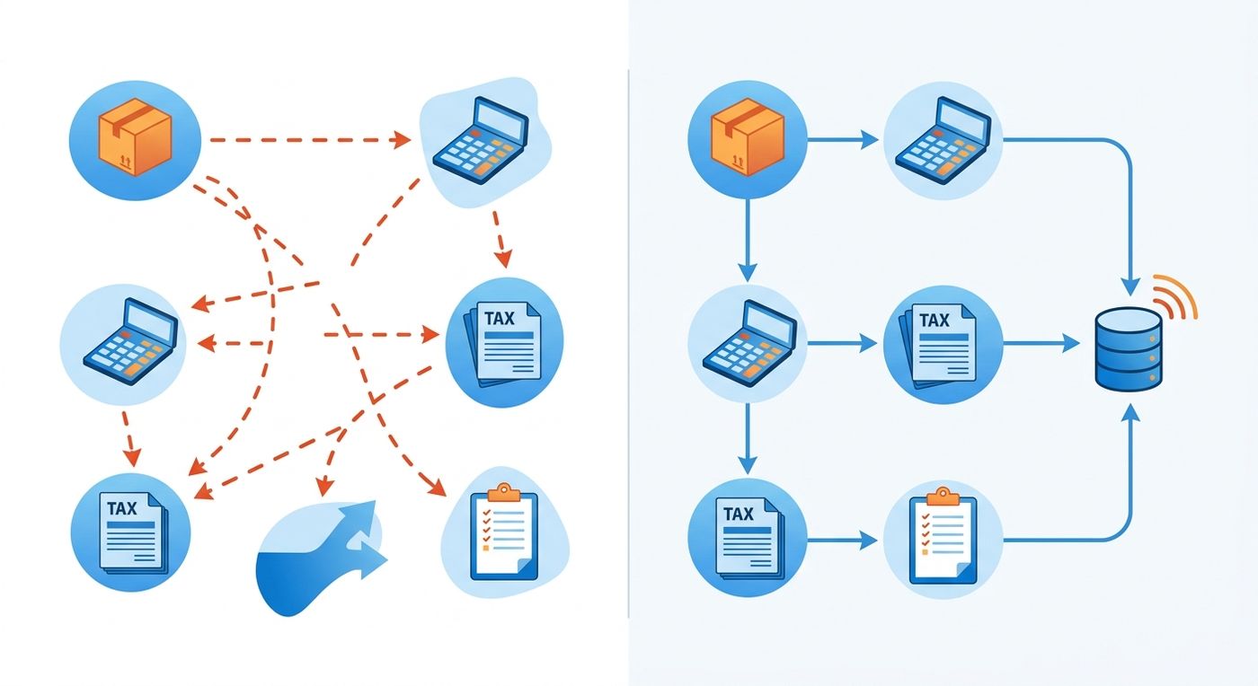 مخطط تقني يقارن بين سير العمل اليدوي المجزأ لإصدار الفواتير اللوجستية وسير العمل المؤتمت والموحد من شيب ريكس لشركات الشحن في مصر.