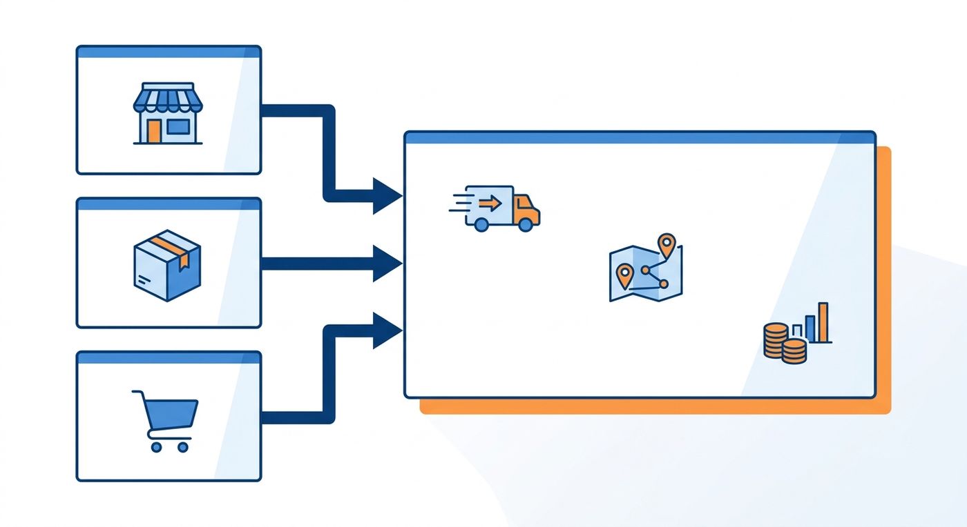 A technical diagram illustrating the multi-tenant architecture of Shiprex, showing how multiple isolated merchant portals securely connect to a single unified 3PL shipping ERP.
