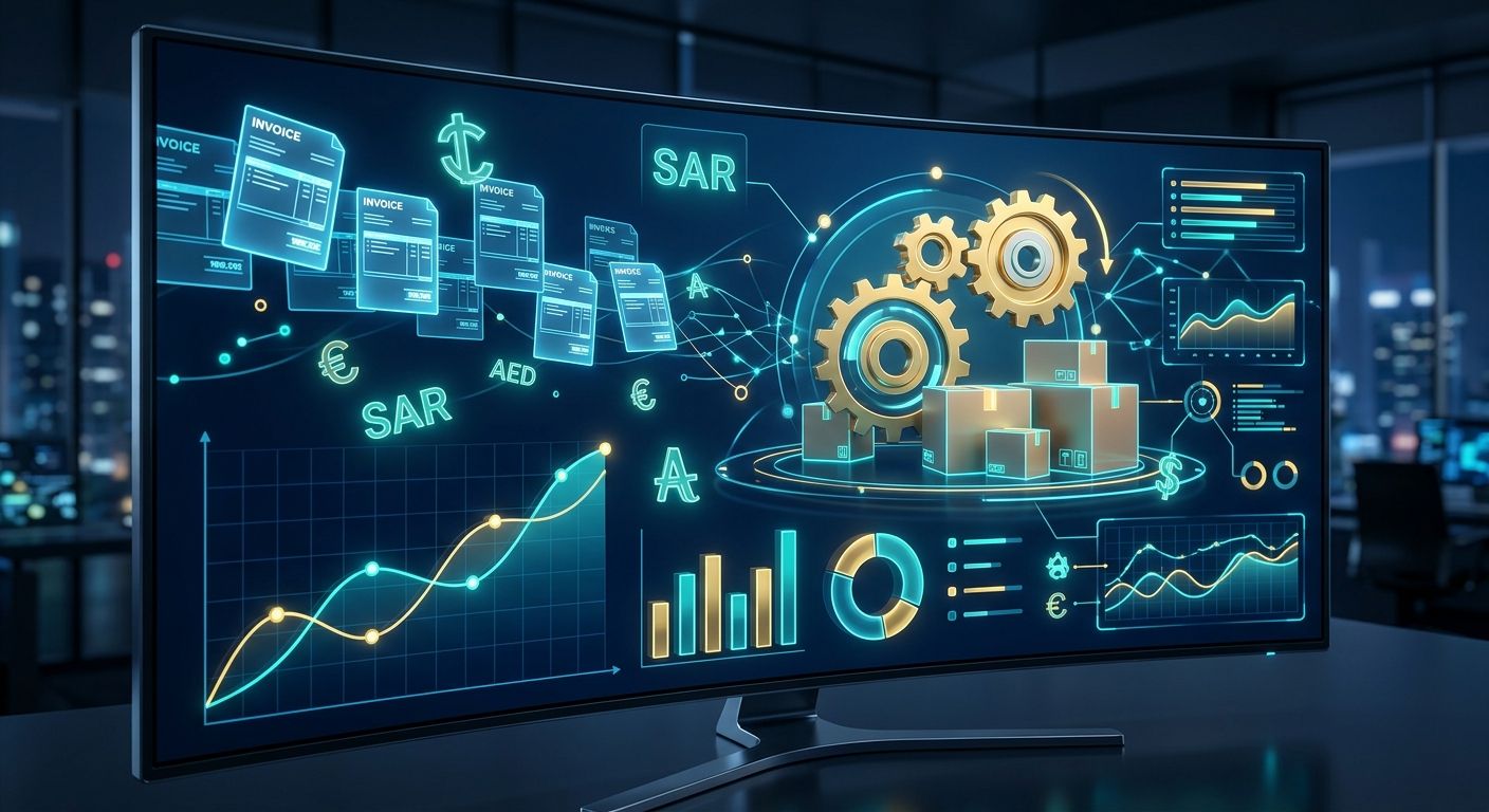 رسم توضيحي لنظام لوحة تحكم أتمتة فواتير شركات الشحن والخدمات اللوجستية 3PL وإدارة العقود المالية.
