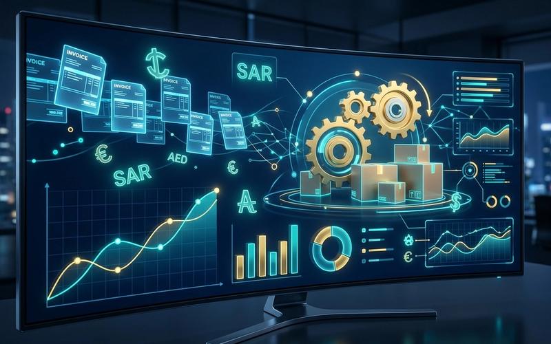 رسم توضيحي لنظام لوحة تحكم أتمتة فواتير شركات الشحن والخدمات اللوجستية 3PL وإدارة العقود المالية.