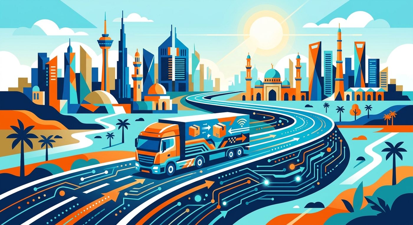 Flat illustration of a logistics cargo truck on a digital road symbolizing seamless cross-border shipping in the GCC region.