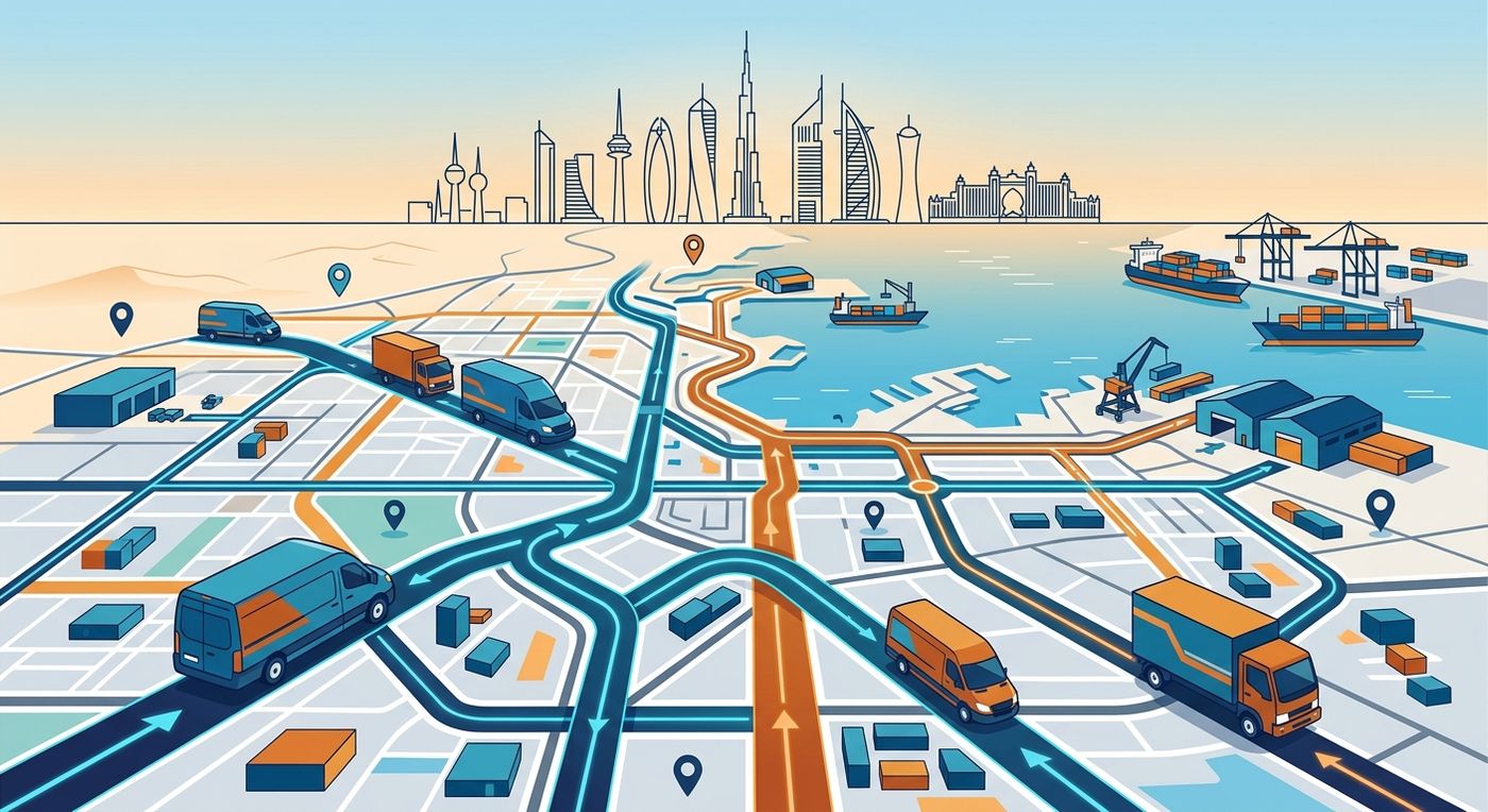 Flat vector illustration of optimized delivery fleets navigating a Middle Eastern city using automated routing.
