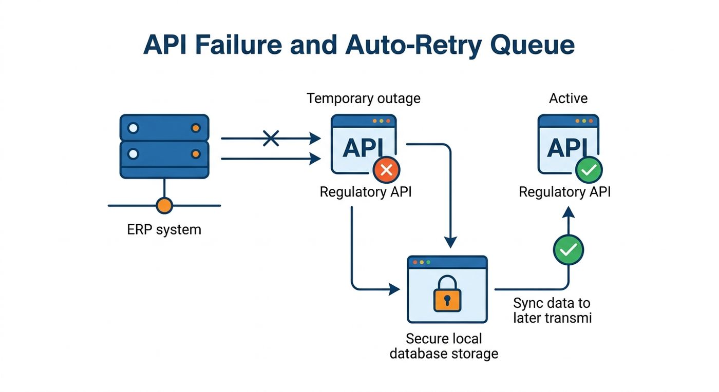 Technical flowchart showing Shiprex's auto-retry and queue mechanism during external API downtime to prevent data loss.