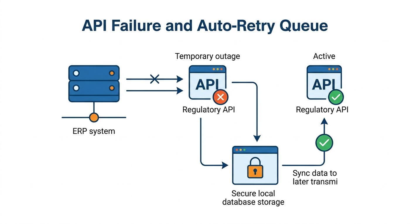 Technical flowchart showing Shiprex's auto-retry and queue mechanism during external API downtime to prevent data loss.