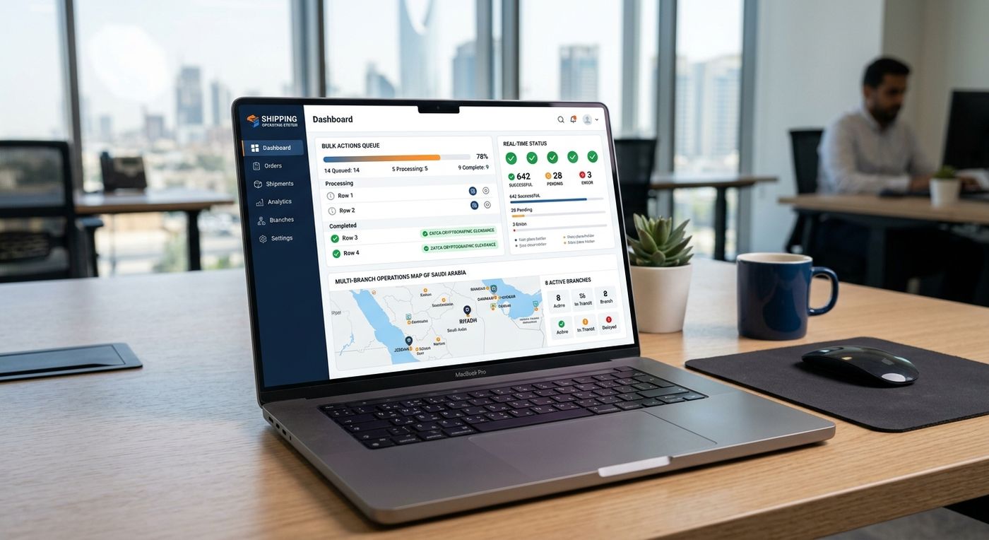 SaaS dashboard showcase of Shiprex, a Saudi logistics ERP ZATCA module displaying bulk shipping operations and compliance status on a laptop.