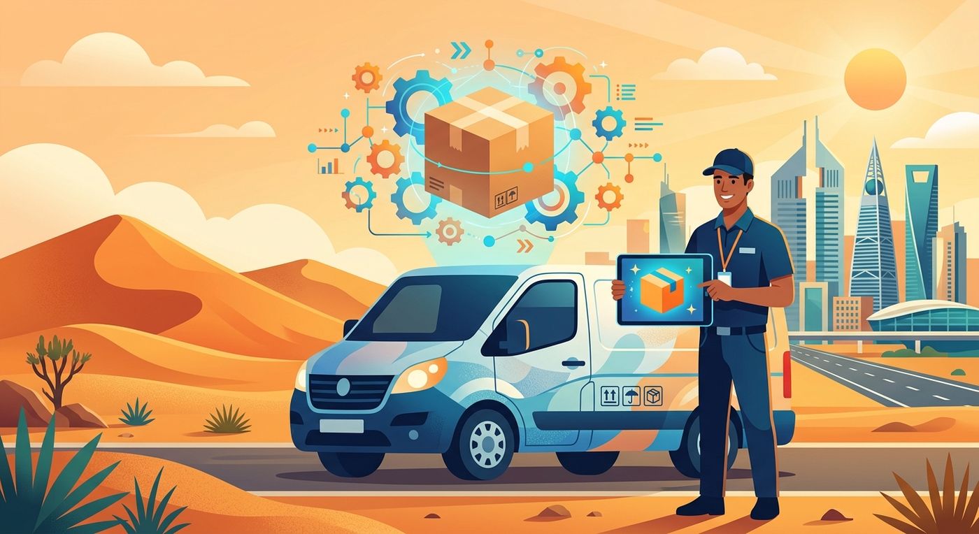 A flat vector illustration representing automated e-commerce fulfillment and delivery logistics across the GCC region.
