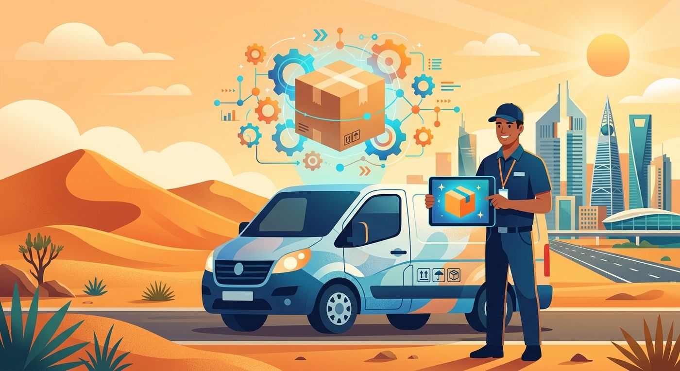 A flat vector illustration representing automated e-commerce fulfillment and delivery logistics across the GCC region.