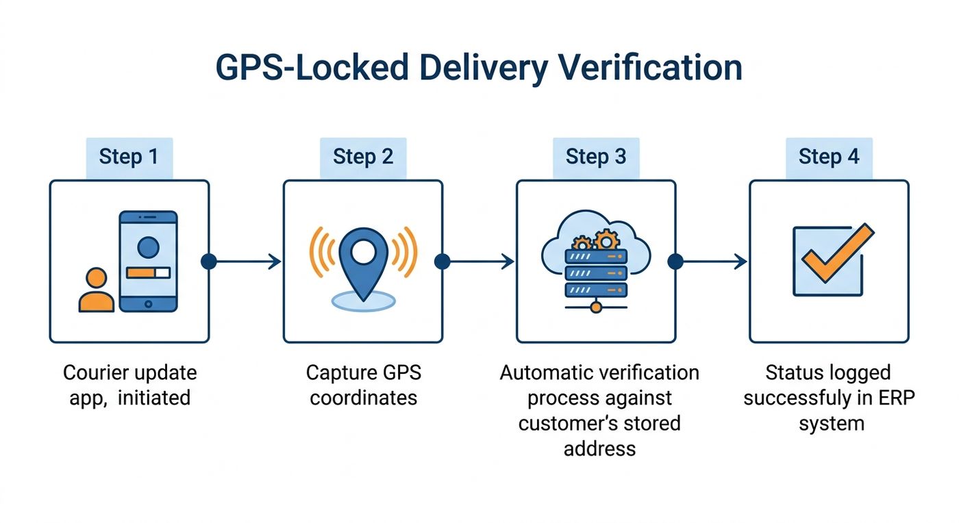Technical flowchart illustrating the step-by-step GPS-locked status verification process for last-mile deliveries.