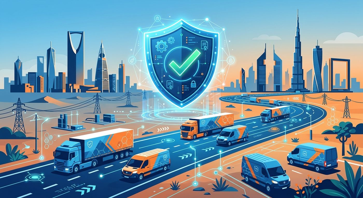 A flat vector illustration of logistics trucks traveling between GCC cities, secured by a digital compliance shield representing tax and regulatory alignment.