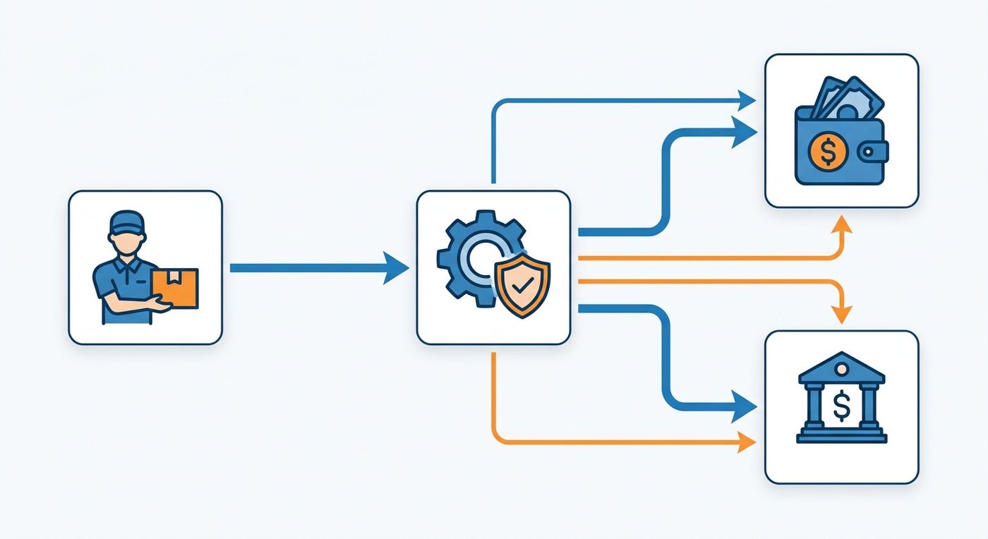 A technical flowchart diagram showing the step-by-step automated COD reconciliation and driver payout process in a logistics ERP.