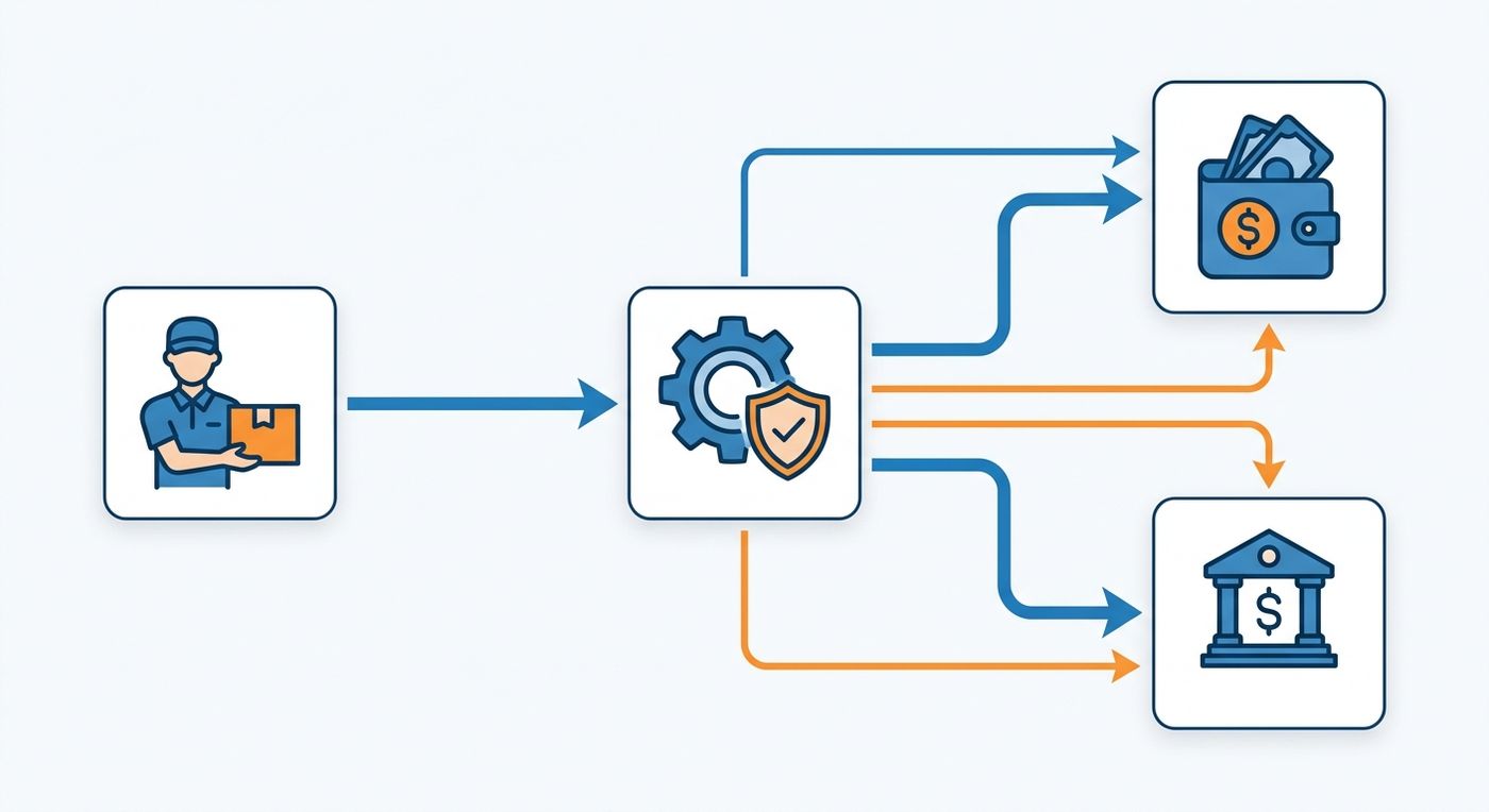 A technical flowchart diagram showing the step-by-step automated COD reconciliation and driver payout process in a logistics ERP.
