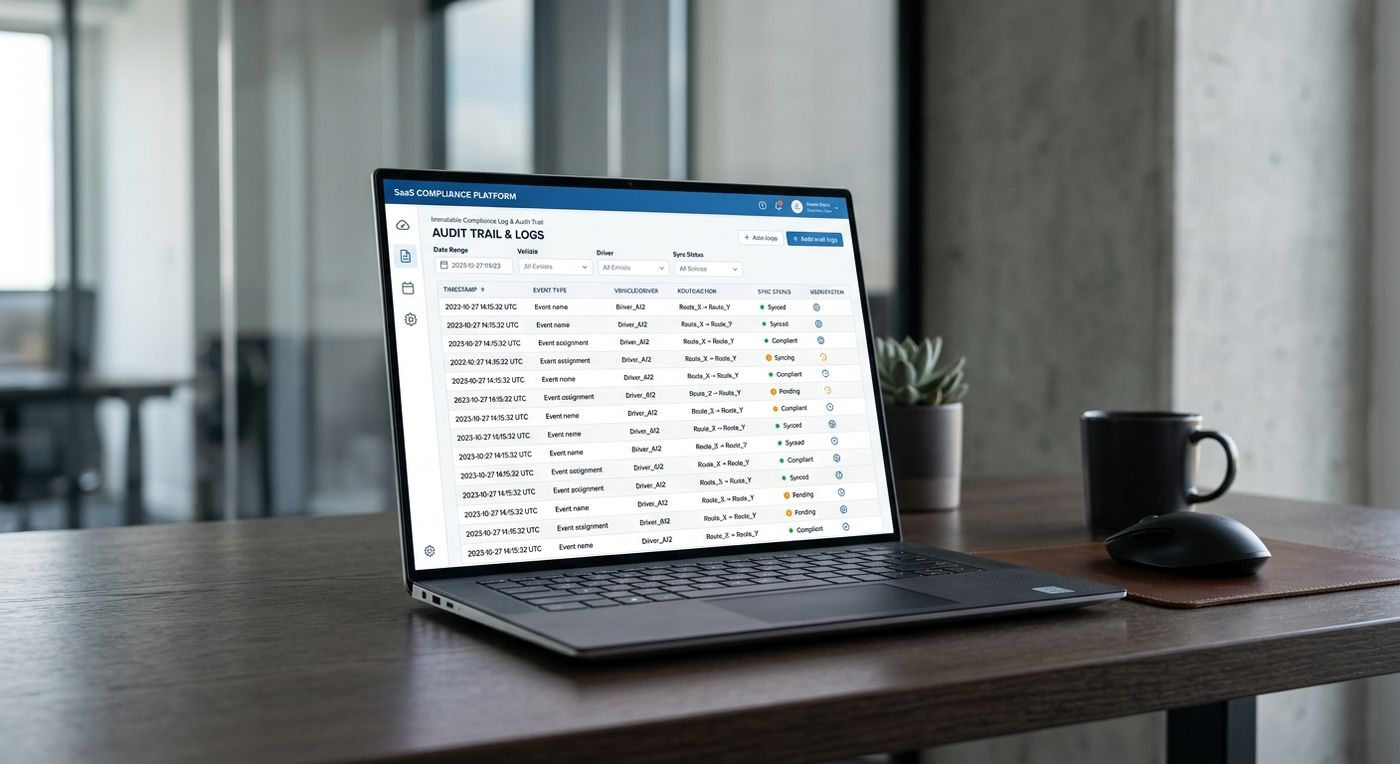 SaaS dashboard mockup of Shiprex's immutable compliance logs and audit trails for Saudi 3PL regulatory audits.