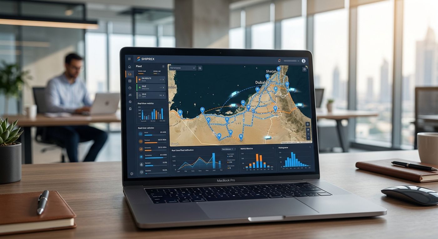 Shiprex delivery management system dashboard on a laptop screen showing route optimization and fleet tracking in Dubai.
