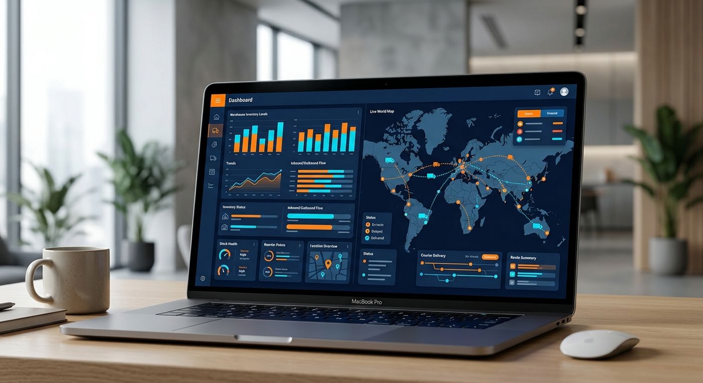 A modern SaaS dashboard on a laptop showcasing integrated inventory tracking and last-mile courier dispatch management.