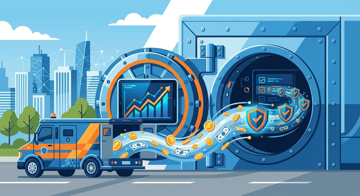رسوم توضيحية مسطحة تمثل الإدارة الآمنة للمبالغ النقدية اللوجستية والتسوية التلقائية لخدمة الدفع عند الاستلام مع شاحنة توصيل وخزنة رقمية.