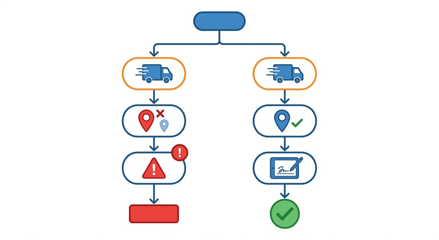 Technical diagram illustrating the last-mile delivery verification process, comparing a flagged GPS mismatch alert with a successful, verified delivery attempt.